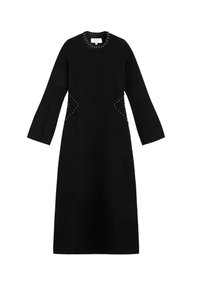 Schwarzes, langärmeliges Kleid aus weichem Stoff, mit Rundhalsausschnitt und asymmetrischen, genähten Akzenten an den Seiten.