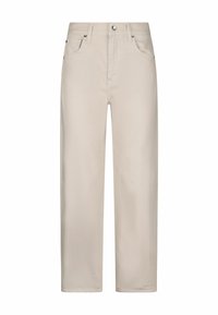 Pantalones rectos de color beige claro hechos de algodón. Cuentan con un cierre de botón, pasadores para cinturón y bolsillos frontales. Textura suave, sin patrones.