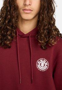 Bordová mikina s kapucňou na šnúrku a kruhovým bielym logom s nápisom "OHEŇ, ZEM, VZDUCH, VODA" výrazne zobrazeným.