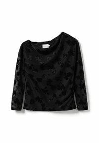 Fekete, hosszú ujjú blúz virágos bársonyos flockinggal és eső, laza nyakkivágással, fehér háttér előtt laposan elhelyezve.