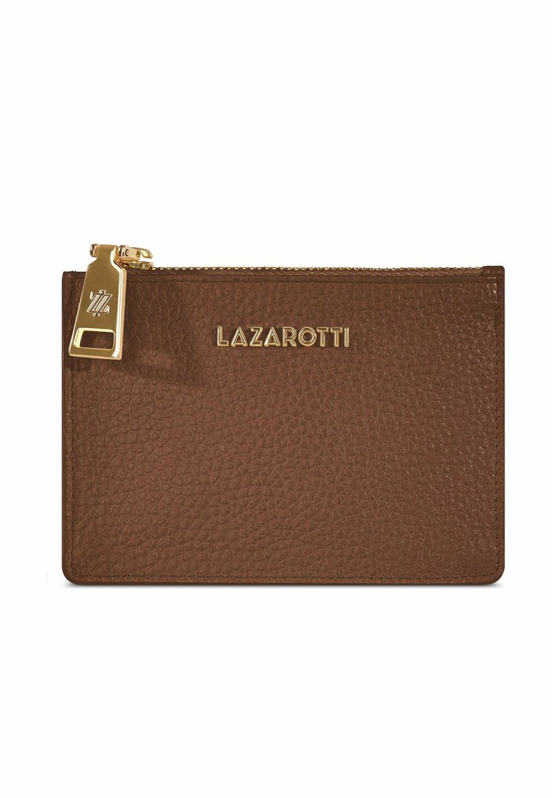 Portefeuille en cuir brun avec une surface texturée, fermeture éclair en métal doré et logo "LAZAROTTI" en relief à l'avant. Forme rectangulaire compacte.
