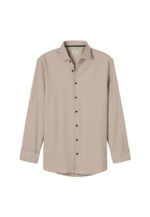 Herrenbeige Langarmhemd mit Knopfverschluss, spitzem Kragen und schwarzen Knöpfen, leicht strukturiertem Stoff, mit einmal umgeschlagenen Manschetten.