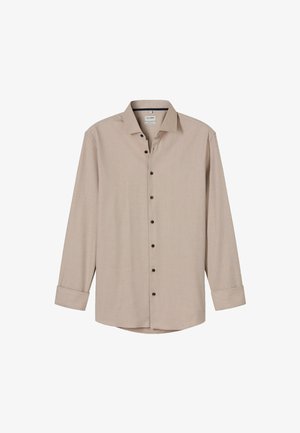 Men’s beige long-sleeve button-up shirt with pointed collar and black buttons, slightly textured fabric, cuffs folded once.