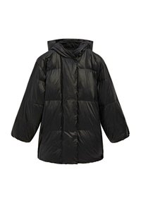 Černá oversized péřová bunda s kapucí, dlouhými rukávy, prošívaným švem a předním zapínáním na knoflíky.