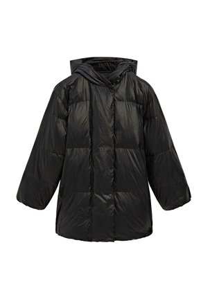 Giacca a vento over size nera, con cappuccio, maniche lunghe, cuciture trapuntate e chiusura frontale con bottoni.