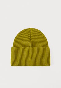 Ribbed knit beanie in olive green, featuring a fold-up brim and textured fabric for warmth and comfort. Simple design with no additional accents.