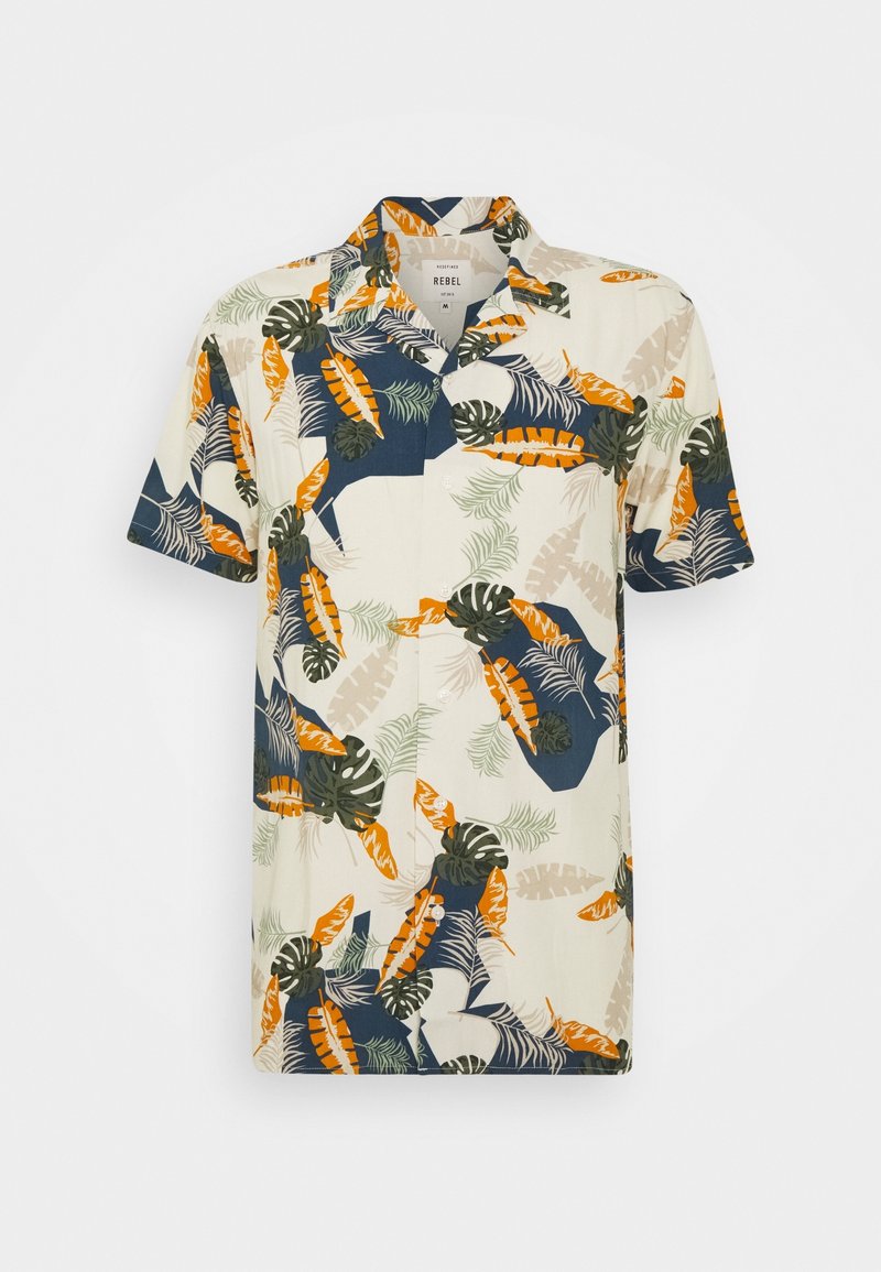 Camicia a maniche corte con bottoni di colore crema, decorata con un motivo di foglie tropicali blu, verdi e arancioni. Tessuto leggero, vestibilità comoda, design colletto classico.