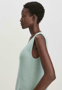 Lichtgroene gebreide mouwloze top met een textuurpatroon, diepe armsgaten en een relaxte pasvorm, die een gladde afwerking en zachte stof toont.