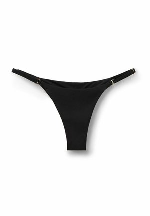 Schwarzer minimalistischer Bikini-Slip mit verstellbaren seitlichen Trägern und goldfarbenen Beschlägen auf weißem Hintergrund.