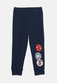 Dunkelblaue Kinderhosen mit elastischem Bund und Spider-Man-Motiven auf dem rechten Bein, darauf sind Maske, Spinne und Emblem zu sehen.