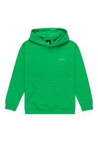 Zelená bavlnená mikina s kapucňou na šnúrku, prednou vreckom a ribbed manžetami. Obsahuje malé biele logo na hrudi. Hladká textúra.