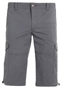 Shorts cargo gris longueur genou avec fermeture à boutons, passants pour ceinture, poches latérales avec rabats et cordons réglables aux ourlets.