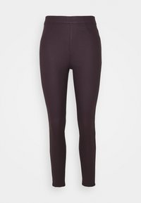 Leggings de color púrpura oscuro, fabricados con un material elástico, que presentan una textura suave, una cinturilla alta y sin cierres ni bolsillos visibles.