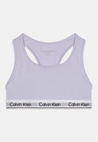 Svetlá levandulová športová podprsenka s dizajnom na chrbte typu racerback. Obsahuje elastický pás v čiernej a bielej farbe s logom "Calvin Klein". Hladká textura.