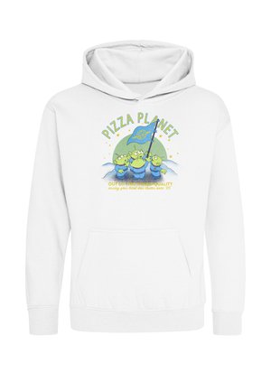 Hvid hættetrøje med tre grønne rumvæsener, der holder et flag under teksten "Pizza Planet" og "Out of this world quality."