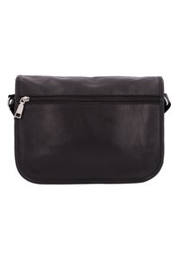 Melnas ādas crossbody soma ar gludu tekstūru, ar rāvējslēdzēju aizveramu kabatu, noapaļotiem stūriem un regulējamu siksnu.