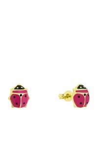 Orecchini a bottone color oro a forma di coccinella, con un corpo rosa, macchie nere e accenti neri sulla testa e le ali.