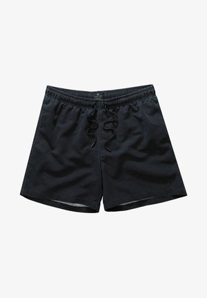 Zwarte zwemshorts gemaakt van lichtgewicht stof, met een elastische tailleband met trekkoord en een gladde textuur.