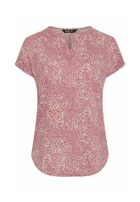 Blusa rosa a maniche corte con un delicato motivo floreale, scollo rotondo e orlo leggermente svasato. Realizzata in tessuto testurizzato.