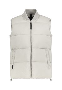 Hellgraue wattierte Weste mit einem gerippten Kragen, Front-Reißverschluss, zwei seitlichen Taschen und verstellbarem Kordelzug am Saum. Wattiertes Design.