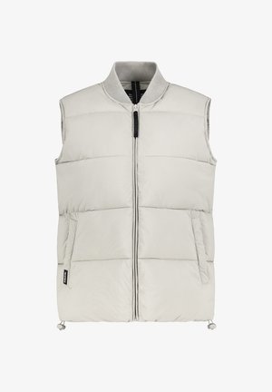 Hellgraue wattierte Weste mit einem gerippten Kragen, Front-Reißverschluss, zwei seitlichen Taschen und verstellbarem Kordelzug am Saum. Wattiertes Design.