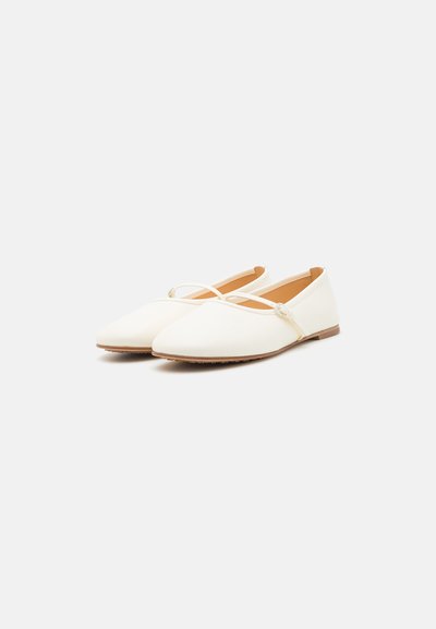 White flat shoes with a pointed toe design, made of smooth material. Features a thin strap across the top and a flexible rubber sole.
