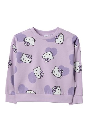 Sudadera infantil lila con caras repetidas de Hello Kitty y formas de corazones morados impresas por completo.