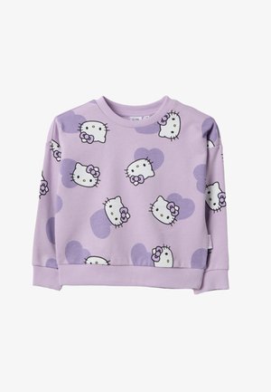 Felpa lilla per bambini con stampe ripetute di volti di Hello Kitty e cuori viola su tutta la superficie.