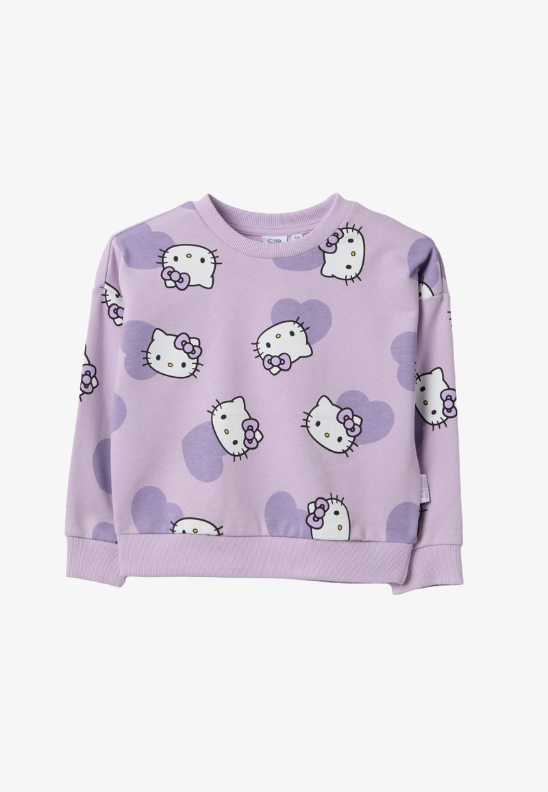 Sudadera infantil lila con caras repetidas de Hello Kitty y formas de corazones morados impresas por completo.