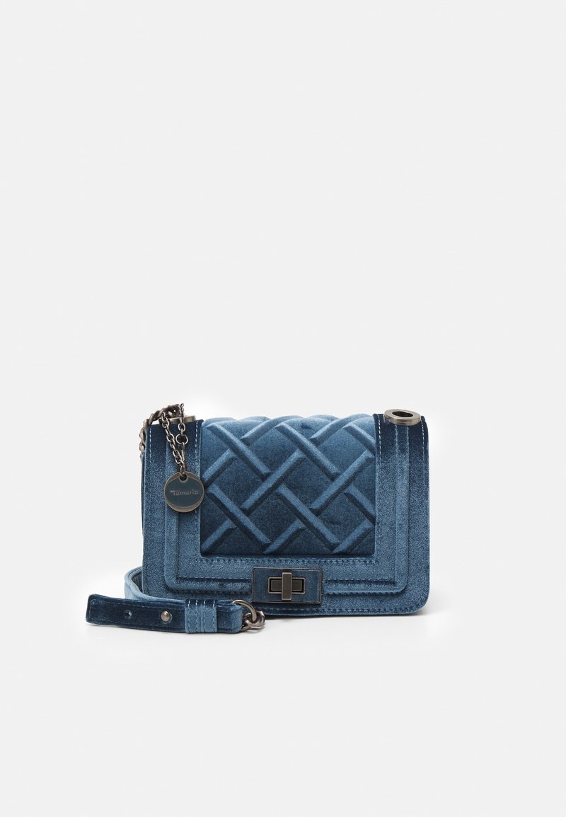 Blue velvet handbag with a woven texture, rectangular shape, chain strap, and a decorative clasp. Features a logo tag with a metallic finish.