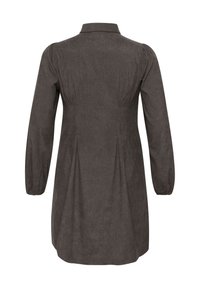 Czarna sukienka w ciemnoszarym kolorze z kołnierzykiem, długimi puff sleeves i plisowanymi detalami z tyłu dla dopasowanego kroju. Gładka faktura.