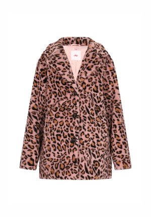 Haina cu imprimeu de leopard, cu bază roz, guler, design cu două rădăcini, patru nasturi și material texturat din blană sintetică.