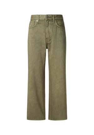 Jeans de pierna ancha color verde oliva, fabricados en algodón, con cierre de botón, trabillas para el cinturón y bolsillos frontales con un detalle de costura mínima.