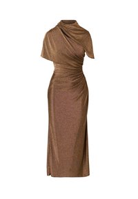 Abito aderente in bronzo con una sola manica corta, design drappeggiato, scollatura asimmetrica e dettagli arricciati che creano texture.