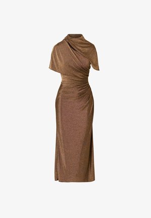 Robe en bronze, ajustée, avec une seule manche courte, un design drapé, un col asymétrique et des détails froncés créant de la texture.