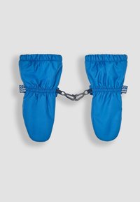 Moufles imperméables bleues avec des poignets élastiques et une sangle de connexion. Texture lisse, forme arrondie, avec une étiquette de logo sur une moufle.