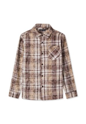 Camicia a maniche lunghe a quadri marrone e beige con colletto abbottonato, taschino frontale e tessuto strutturato.