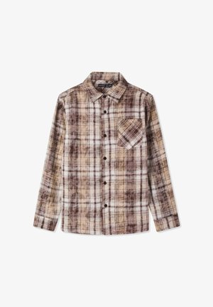 Camicia a maniche lunghe a quadri marrone e beige con colletto abbottonato, taschino frontale e tessuto strutturato.