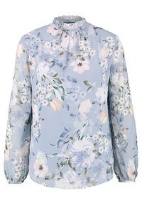 Blusa floreale in tessuto blu chiaro; presenta maniche lunghe, un colletto rotondo arricciato e una stampa di vari fiori in delicati colori pastello.