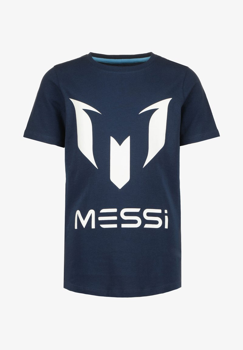 Pamučna majica tamnoplave boje sa velikim bijelim grafičkim dizajnom na prednjem dijelu, koji uključuje stilizirani logo i tekst "MESSi".