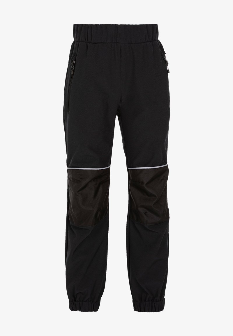 Pantalon de sport noir avec taille et poignets élastiques, renforts aux genoux, poches latérales zippées et bandes réfléchissantes au-dessus des genoux.