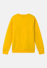 Žlutá mikina s dlouhými rukávy a kulatým výstřihem. Hladká textura s žebrovanými manžetami a lemem. Jednoduchý design bez vzorů nebo grafiky.