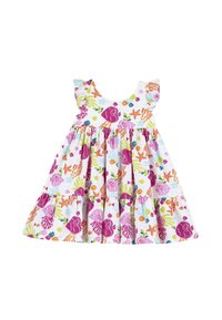 Vit bomullsklänning med färgglada tryck med undervattentema, volangärmar och design med lagerkjol.