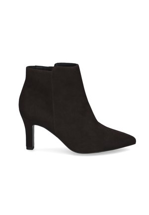 Schwarzer Veloursleder-Stiefelette mit spitzer Zehenpartie und mittelhohem, schlankem Absatz, seitlichem Reißverschluss und glatter Oberfläche.