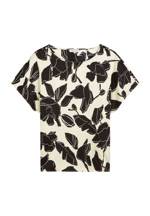 Korte mouwen, crèmekleurig top met zwart bloemenpatroon. Heeft een ronde halslijn en een losse pasvorm. Gemaakt van lichte stof met een zachte textuur.