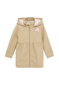 Beige lichte jas met een ritssluiting, capuchon, elastische manchetten en een roze bloemenaccent op de borst. Beschikt over twee zijzakken.