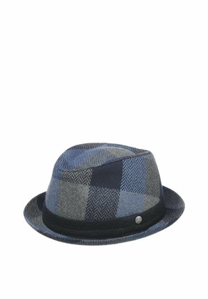 Blauer und grauer Patchwork Fedora-Hut mit Fischgrätenmuster und einem schwarzen Band am Rand.