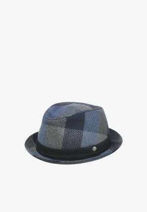 Blue and gray patchwork fedora hat with herringbone patterns and a black band around the base.
