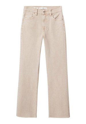 Beige jeans met rechte pijpen, voorzakken, riemlussen en een knoop- en ritssluiting.