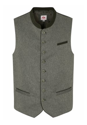 Grau gemusterte Weste mit hohem Kragen, sechs Knöpfen, zwei Fronttaschen und grünen Akzenten entlang des Halsausschnitts und der Taschen.